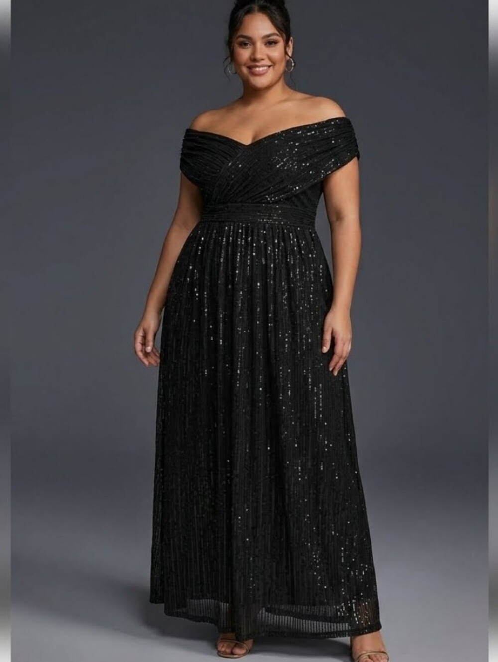 CURVEINS Black Sequin Draped Crossover Neckline Evening Dress 6XL